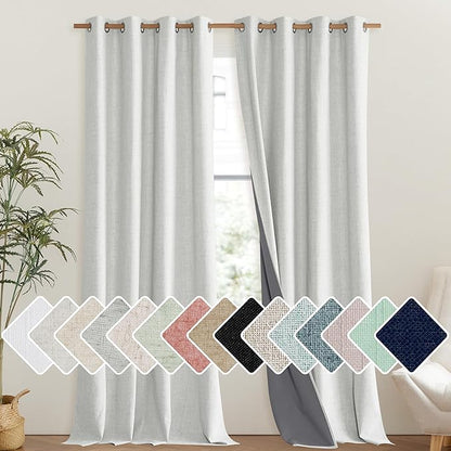 NICETOWN 100% Absolutely Blackout Linen Curtains with Thermal Insulated Liner, Greyish White, 52" Wide, 95" Length Energy Saving Curtains for Living Room 2 Panels Set, Vertical Blinds