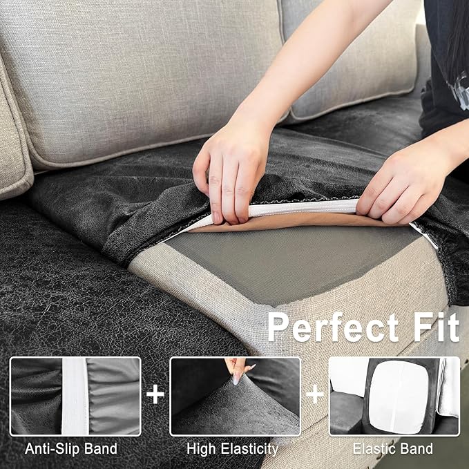 Leather Look Couch Cushion Covers Sofa Seat Slipcovers Sets Couches Furniture Protector for Sectional Armchair Loveseat Pets Kids Stretch Spandex Fabric (1 Cushion Sofa, Dark Grey)