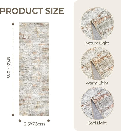 Kitchen Runner Rug Non Slip - 2.5 x 8 Runners for Hallways, Entryway, Bedroom, Washable Runner Rugs for Bathroom, Laundry Room, Low Pile Soft Vintage Area Rug(2.5'x8', Grey/Rust)