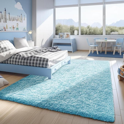 Ophanie Light Blue Rug, Boys 4x6 Rugs for Bedroom Carpet Nursery Aesthetic, Kids Playroom Area Rugs for Girls Teen Home Decor, Fluffy Shag Bedside Floor Living Room Carpet