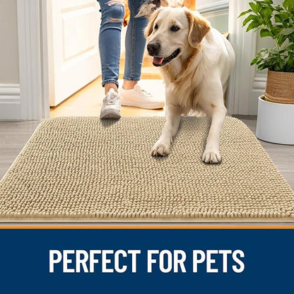 OLANLY Dog Door Mat for Muddy Paws 44x24, Absorbs Moisture and Dirt, Absorbent Non-Slip Washable Doormat, Quick Dry Chenille Mud Mat for Dogs, Entry Indoor Entryway Carpet for Inside Floor, Beige