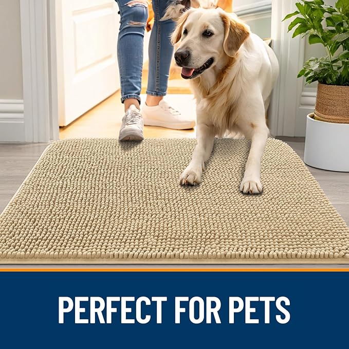 OLANLY Dog Door Mat for Muddy Paws 44x32, Absorbs Moisture and Dirt, Absorbent Non-Slip Washable Doormat, Quick Dry Chenille Mud Mat for Dogs, Entry Indoor Entryway Carpet for Inside Floor, Beige