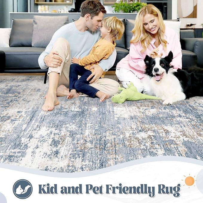 XLUEZ 10x12 Area Rug for Living Room, Washable Modern Abstract Large Area Rug Neutral Soft Non Slip Kids Rug Stain Resistant Indoor Carpet for Bedroom Dining Room Playroom Home Office(Blue, 10'x12')