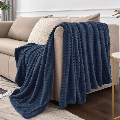 BEDELITE Fleece Blanket Twin Size – 3D Ribbed Jacquard Soft and Warm Decorative Fuzzy Blankets – Cozy, Fluffy, Plush Lightweight Throw Blankets for Couch, Bed, Sofa(Navy Blue, 60x80 inches)