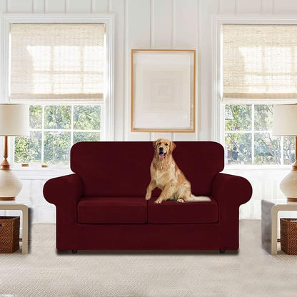 WEERRW Velvet Couch Covers for 2 Cushion Couch Sofa - High Stretch Luxury Velvet Plush 3 Pieces Sofa Slipcovers with Elastic Bottom, Furniture Protector for Pets, Machine Washable, Burgundy, Medium