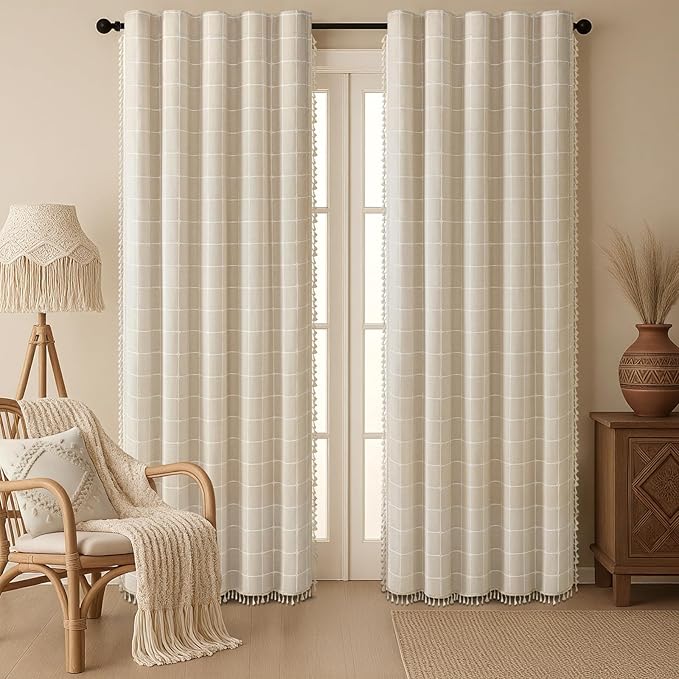 Boho Blackout White Plaid Curtains 84 Inch Beige Linen Blend Drapes with Tassels 2 Panels, Cotton Embroidered Farmhouse Curtains for Living Room Bedroom Rustic Vintage Decor