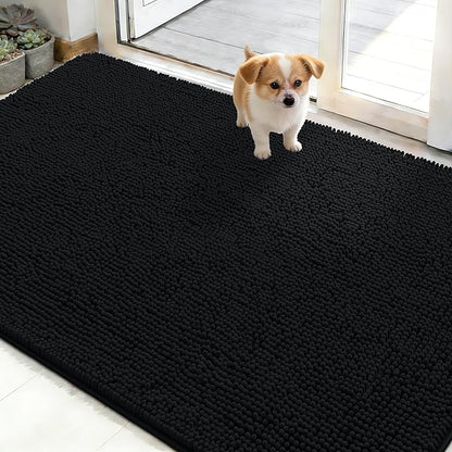 OLANLY Dog Door Mat for Muddy Paws 48x30, Absorbs Moisture and Dirt, Absorbent Non-Slip Washable Doormat, Quick Dry Chenille Mud Mat for Dogs, Entry Indoor Entryway Carpet for Inside Floor, Black