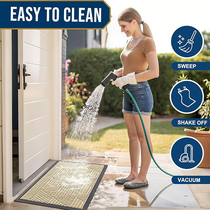 Smiry Front Door Mat Outside Entrance, Heavy Duty Sturdy Natural Rubber Doormat, Trap Dirt and Moisture, Easy Clean Low Profile Mats for Indoor Outdoor Entry, Irregular Triangle (29.5x17, Cream White)