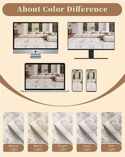 Madane 8x10 Area Rugs for Living Room, Machine Washable Vintage Rug with Non-Slip Backing, Soft Floral Print Large Throw Rugs, Thin Carpet for Bedroom Dining Room Farmhouse (8 x 10, Brown/Ivory)