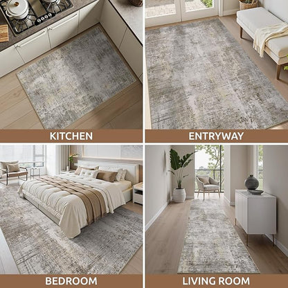 4 x 6 Area Rugs for Living Room, Machine Washable Non Slip Rug Ultra Soft Low Pile Indoor Carpet Modern Abstract Rugs for Bedroom Office Room Dining Room Beside, Beige