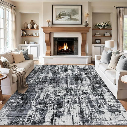 8x10 Area Rugs for Living Room - Washable Rug Modern Abstract Soft Large Neutral Non-Slip Carpet Indoor Floor Thin Carpets for Bedroom Dining Room Farmhouse Nursery Home Office Black