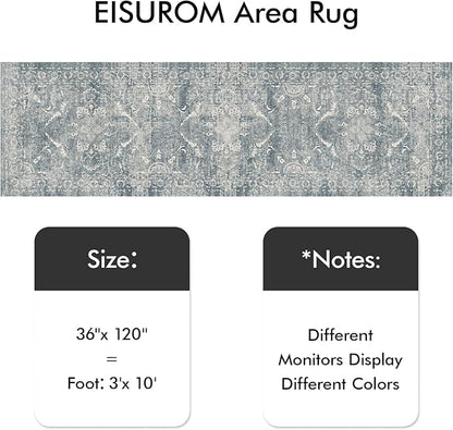 Hallway 3x10 Runner Rug - Vintage Non-Slip Long Rug for Entryway Low-Pile Washable Medallion Runner Rugs for Hallway Waterproof Traditional Runner Rug Indoor Thin Rug for Kitchen (Blue)