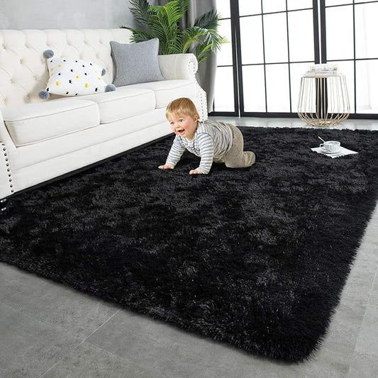 TWINNIS Super Soft Shaggy Rugs Fluffy Carpets,5x7 Feet, Indoor Modern Plush Area Rugs for Living Room Bedroom Kids Room Nursery Home Decor, Upgrade Anti-Skid Rectangular Fuzzy Rug, Black