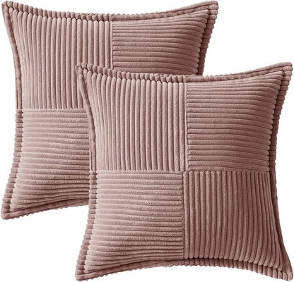 MIULEE Blush Pink Corduroy Decorative Euro Sham Pillow Covers 24x24 Inch with Splicing Set of 2 Soft Boho Pillow Covers Broadside Textured Pillowcases for Couch Bed Livingroom
