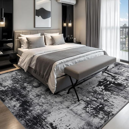 Rugflix 4x6 Area Rugs for Living Room, Washable Large Rug Stain-Resistant Low Pile, Modern Dark Carpet for Dining Room Home Office Kid Room Nursery Bedroom, Black Grey