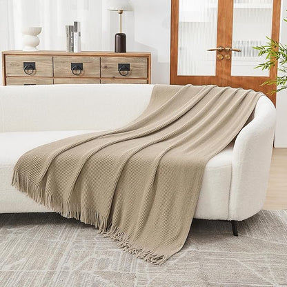 lifein Throw Blanket for Couch, Soft Boho Decor Bed Throw,Cozy Beige Knitted Chenille Small Farmhouse Lightweight Throw (Beige,60 * 80")