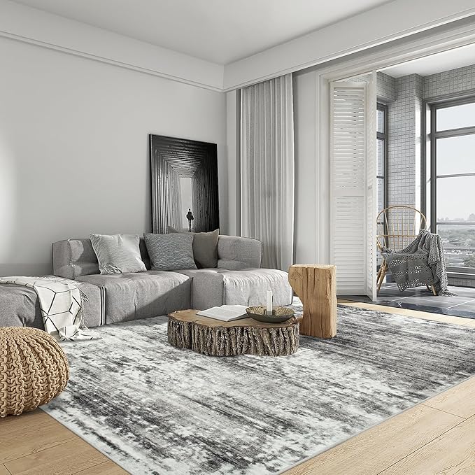 9x12 Area Rugs Washable Rug: Modern Abstract Living Room Rug Soft Anti-Skid Thin Carpet Indoor Floor Non-Shedding Carpets for Bedroom Dining Room Farmhouse Nursery Home Office Black Grey