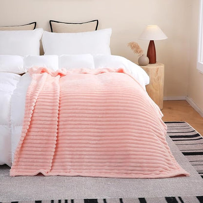 Light Pink Fleece Throw Blanket 50”×70” for Couch Sofa Bed,Super Soft Cozy Plush Microfiber Flannel Blanket with Stripes Design Lightweight for Adults,Woman,Girls