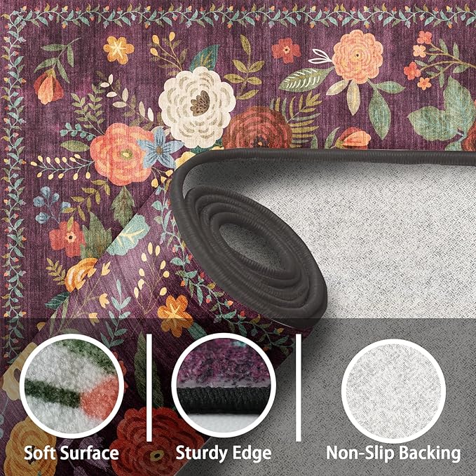 Area Rugs 10x14 Living Room, Non Slip Machine Washable Floral Rugs, Low Pile Lightweight Large Rug for Bedroom, Dining Room, Home Office(10 x 14, Purple)