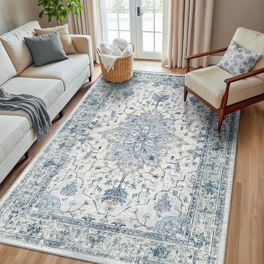 Area Rugs 6'x8' Washable Non-Slip, Floral Vintage Distress Print Pattern Medallion Carpet for Living Room Bedroom Dining Room, Light Blue Navy Beige Gray White
