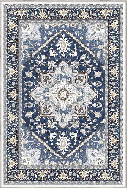 OPPODREAM Soft Throw Rugs 2x3, Small Washable Entryway Rugs 2 x 3 with Non Slip Backing, Low-Pile Faux Cashmere 2 x 3 Carpet, Navy Blue & Gold
