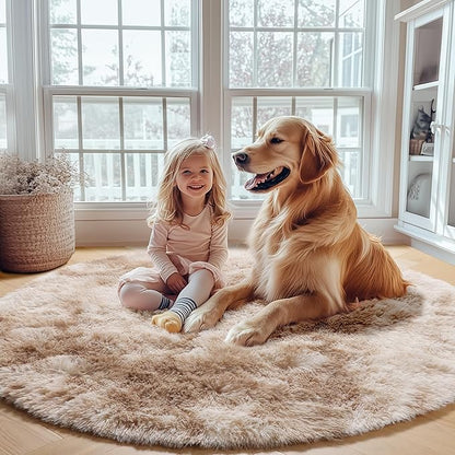 ONASAR Tie-Dye Beige Round Area Rugs 5ft, Soft Bedroom Circle Rug Floor Mats for Kids Girls Teen Room, Kawaii Fluffy Plush Shaggy Carpet for Baby Nursery Living Room Playroom Home Decor