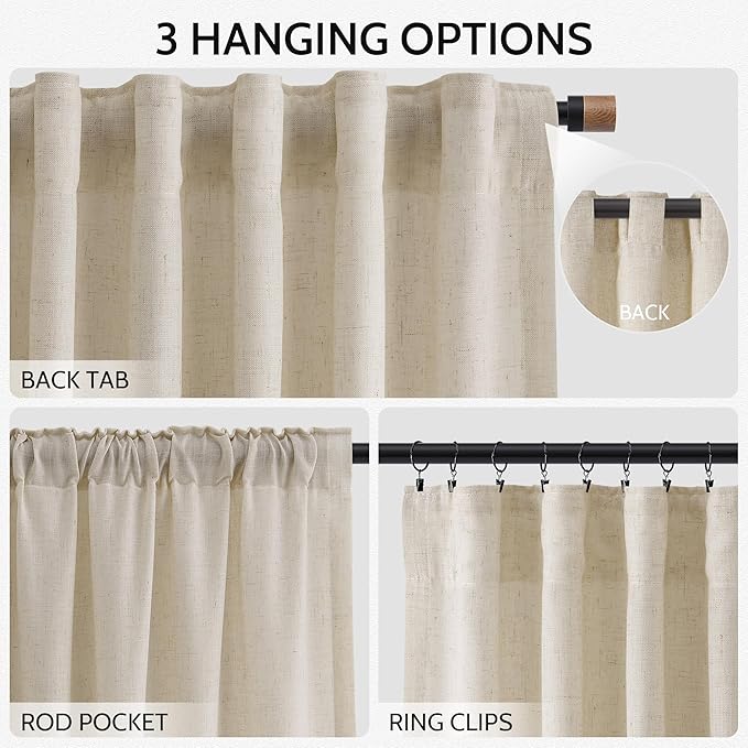 Boho Linen Curtains for Living Room 105 Inches Long Light Filtering Semi Sheer Curtain Back Tab Boho Eclectic Home Decor Elegant Luxury Farmhouse Drapes for Bedroom Dinner Room 52x105, 2 Panels