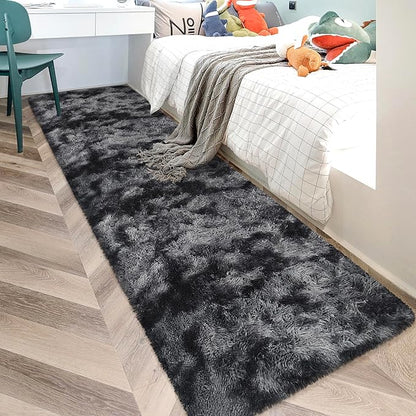 Tie-Dyed Runner Rug for Bedroom Black Grey 2x10ft Fluffy Area Rug Bedside Runner Rug for Kids Room Boys Teens Nursery Baby Living Room Dorm Home Decor Carpets