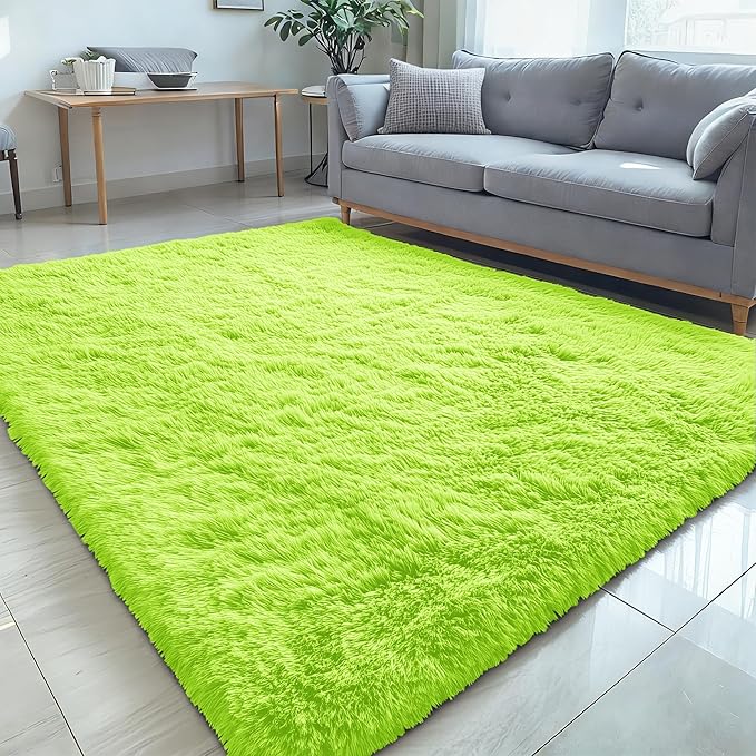 OLANLY 5x7 Machine Washable Large Area Rugs for Living Room, Bedroom, Soft Fluffy Shaggy Bedside Rug, Indoor Floor Carpet for Kids Girls and Boys, Dorms, Nursery, Home Decor Aesthetic, Lime Green