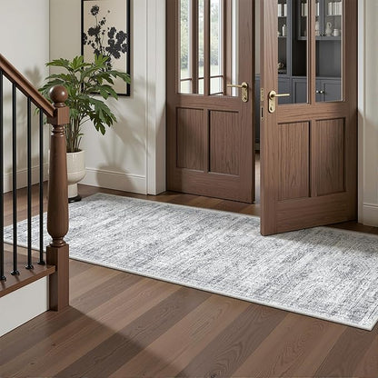 Washable Runner Rugs for Bedroom - 2x6 Runner Rug Non Slip, Ultra-Thin Entryway Runner, Soft Abstract Kitchen Runner for Hallway, Laundry, Bathroom, Indoor Door Mat(2'x6', Grey/Ivory)