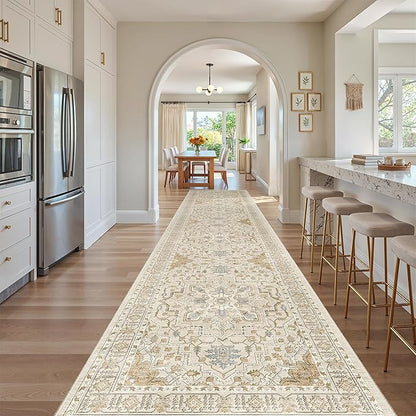 Madane Hallway Runner 3x14 - Runner Rugs 14ft Washable Entryway Rug Vintage Kitchen Runners Non Slip Indoor Area Rug Farmhouse Carpet Runner for Bathroom Living Room Bedroom, Beige/Blue
