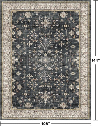 Black Boho Rug for Living Room 9x12 - Washable Dining Room Rugs for Under Table, Vintage Soft Low Pile Carpet for Bedroom, Non-Slip Farmhouse Bohemian Large Tumble Rug for High Traffic Area