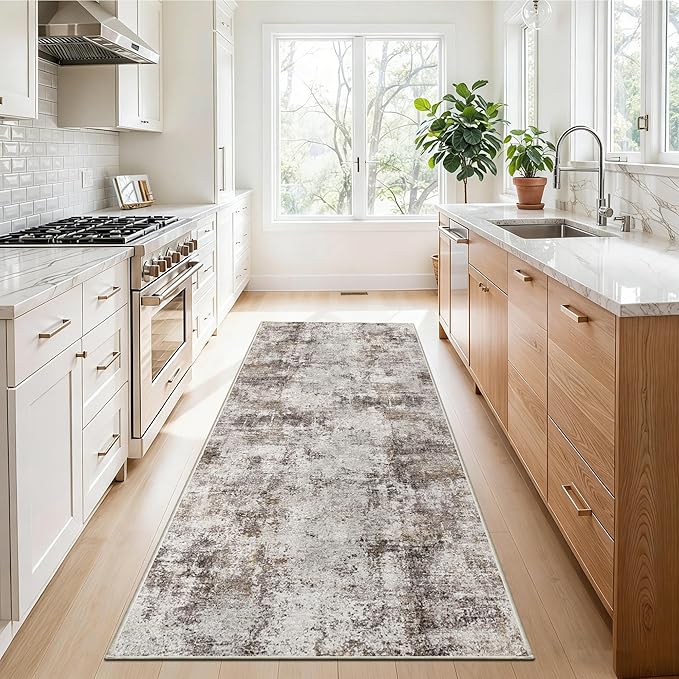 3x6 Washable Entryway Runner Rug: Non Slip Wide Hallway Runners Easy-to-Clean - Soft Living Room Bedroom Kitchen Carpet - Thin Low Pile Printed Floor Mat for Dining Room Beige Brown