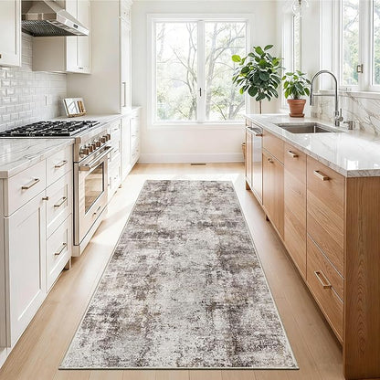 3x6 Washable Entryway Runner Rug: Non Slip Wide Hallway Runners Easy-to-Clean - Soft Living Room Bedroom Kitchen Carpet - Thin Low Pile Printed Floor Mat for Dining Room Beige Brown