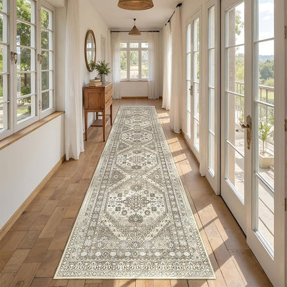 Carpet Runners for Hallway 12ft, Non-Slip Long Bathroom Rugs Runner for Kitchen, Living Room, Bedroom, Soft Vintage Washable Rug for Entryway, Thin Floor Mat for Dining Room(Brown,2.5'x12')
