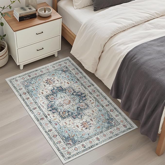 Madane Washable Area Rug 2x3, Small Entryway Rug Non-Slip Vintage Door Mat Indoor Entrance, Low Pile Floor Carpet for Inside Front Door Bedroom Kitchen Entry Laundry (2'x3', Blue)