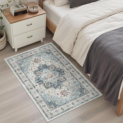 Madane Washable Area Rug 2x3, Small Entryway Rug Non-Slip Vintage Door Mat Indoor Entrance, Low Pile Floor Carpet for Inside Front Door Bedroom Kitchen Entry Laundry (2'x3', Blue)