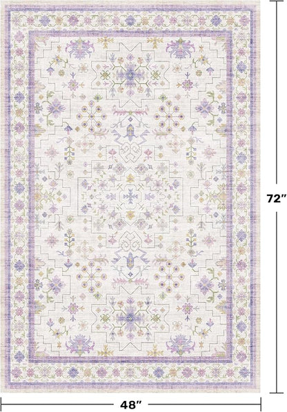 Hazo Haus Purple Rugs for Girls Bedroom, Non Slip Machine Washable 4x6 Floral Area Rug for Nursery Kids Room, Living Room, Low Pile Lavender Girly Dorm Pastel Décor