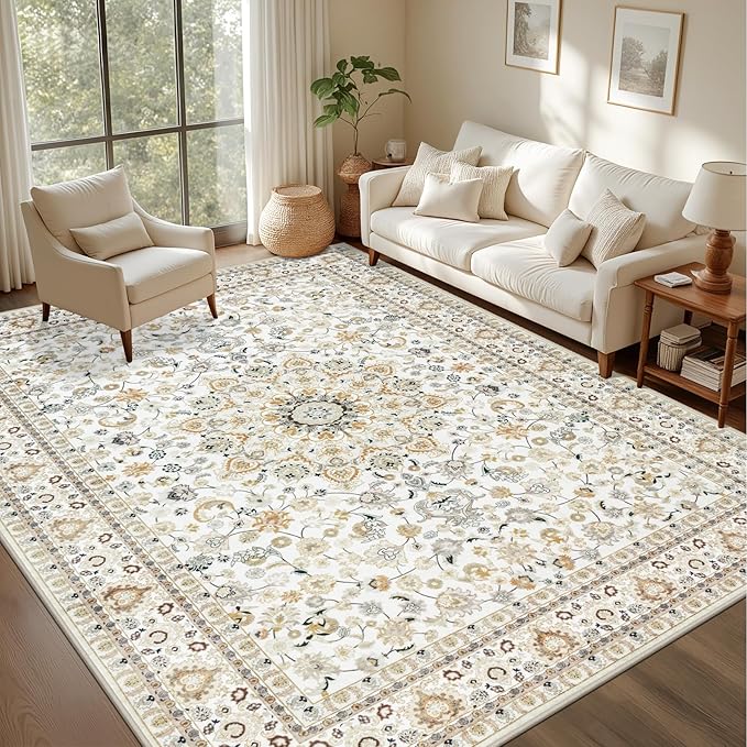 5x7 Area Rugs Living Room Rug: Washable Vintage Boho Rug No Slip Stain Resistant Soft Carpet Indoor Floor Floral Large Carpets for Bedroom Dining Room Farmhouse Nursery Hallway Home Office Beige
