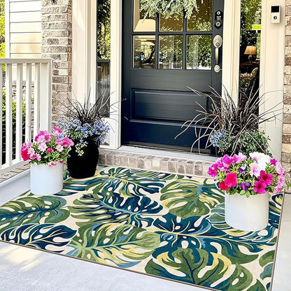 3x5 Botanical Entry Rug - Small Washable Indoor Outdoor Mats for Front Door Non-Slip Porch Rug Spring Tropical Green Leaf Throw Rugs for Living Room Bedroom Entryway Kitchen Office Porch Decor