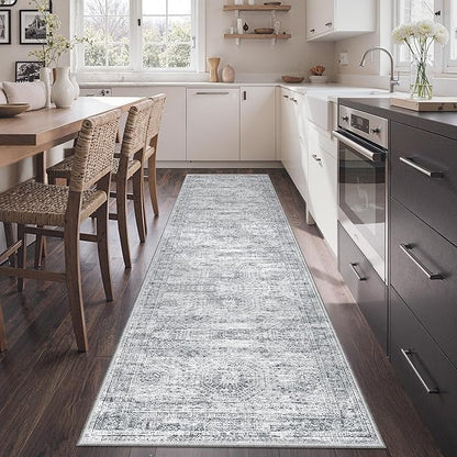 Rug Runners for Hallways Non Slip - 2x8 Runner Rug for Bedroom, Washable Runner with Rubber Backing, Soft Low-Pile Carpet for Kitchen, Laundry, Bathroom (2'x8', Grey/Ivory)