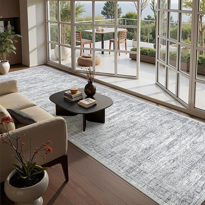 Washable Runner Rug 2.5x12, Non-Slip Long Bathroom Rugs Runner for Kitchen, Living Room, Bedroom, Soft Vintage Rug for Entryway, Thin Floor Mat for Dining Room(2.5'x12', Grey/Ivory)