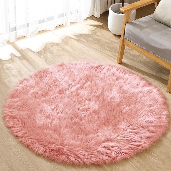 ORINOVA Pink Plush Round Rugs 6ft Large Washable Faux Fur Area Rugs for Living Room Boho Circle Fluffy Sheepskin Fur Rug for Nursery
