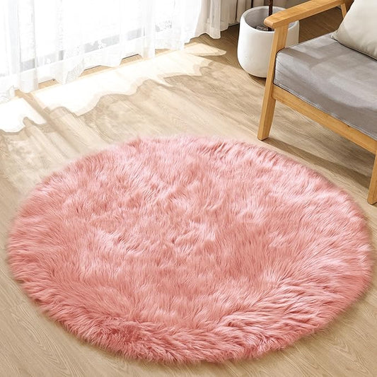 ORINOVA Pink Washable Fluffy Circle Rugs for Bedroom Small Faux Sheepskin Shag Fur Round Rugs 4ft Nursery Rug Cute Room