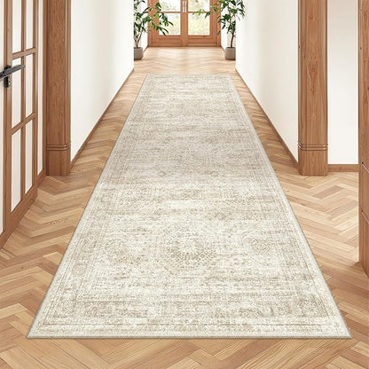 Kitchen Runner Rug Non Slip - 2.5 x 8 Runners for Hallways, Entryway, Bedroom, Washable Runner Rugs for Bathroom, Laundry Room, Low Pile Soft Vintage Area Rug(2.5'x8', Beige/Ivory)