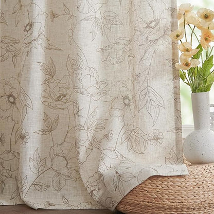 jinchan Floral Linen Curtains for Living Room 63 Inch Length Taupe Flower Curtain Rod Pocket Back Tab Farmhouse Curtains with Printed Floral Bedroom Window Curtain Set, 2 Panels Taupe