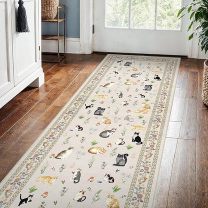 2x5 Washable Kitchen Runner Rug - Soft Low Pile Floral Animal Cat Print Rugs with Non-Slip Backing Waterproof Stain-Resistant Indoor Carpet for Hallway Entryway Bathroom Bedroom (Light Beige)