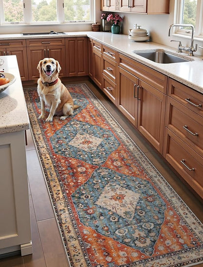 SERISSA Runner Rug for Hallways, 3x8 Washable Non Slip Kitchen Runner Rug, Long Boho Rug Vintage Tribal Hallway Stair Ultra Soft Print Floor Carpet for Bedroom Bathroom Laundry Room