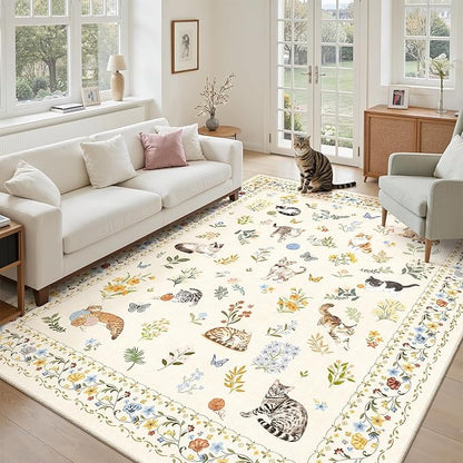 Cat 5x7 Area Rugs for Living Room, Machine Washable Animal Floral Vintage Rug Non-Slip Low Pile Soft Throw Rugs for Kitchen Dining Room Bedroom Nursery Playroom (5 x 7,Beige)