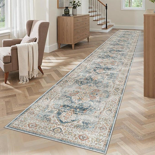 Madane Hallway Runner Rug 2x12, Extra Long Washable Runner Rugs with Rubber Backing, Non Slip Carpet Runner, Vintage Rug Runners for Kitchen Laundry Room Entryway (Navy, 2'x12')